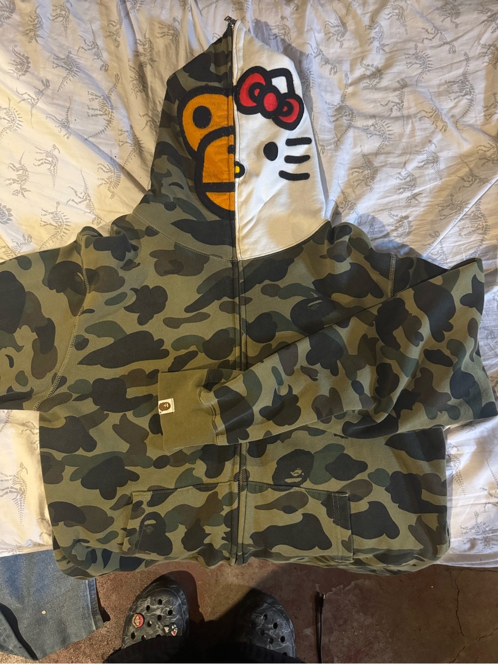 Camouflage Zip Hoodie with Character Face - Olive Green